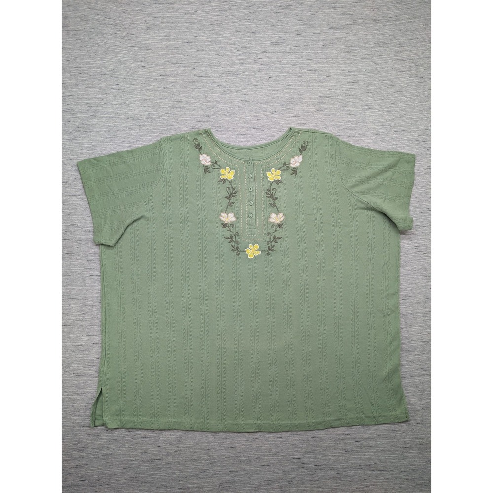 Woman‎ Within Embroidered Floral Pointelle Shirt Womens 2X 26/28 Green Henley